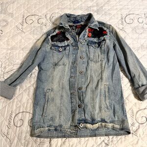Arizona Jean Company Distressed Denim Jacket with Floral Embroidery
